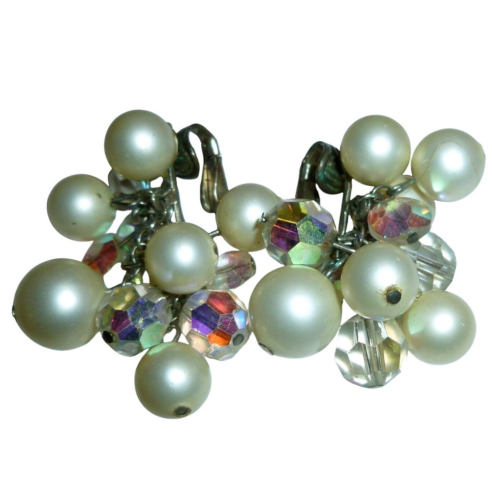 Richelieu Vintage Faux Pearl Aurora Borealis Crystal Cluster Clip On Earrings‎